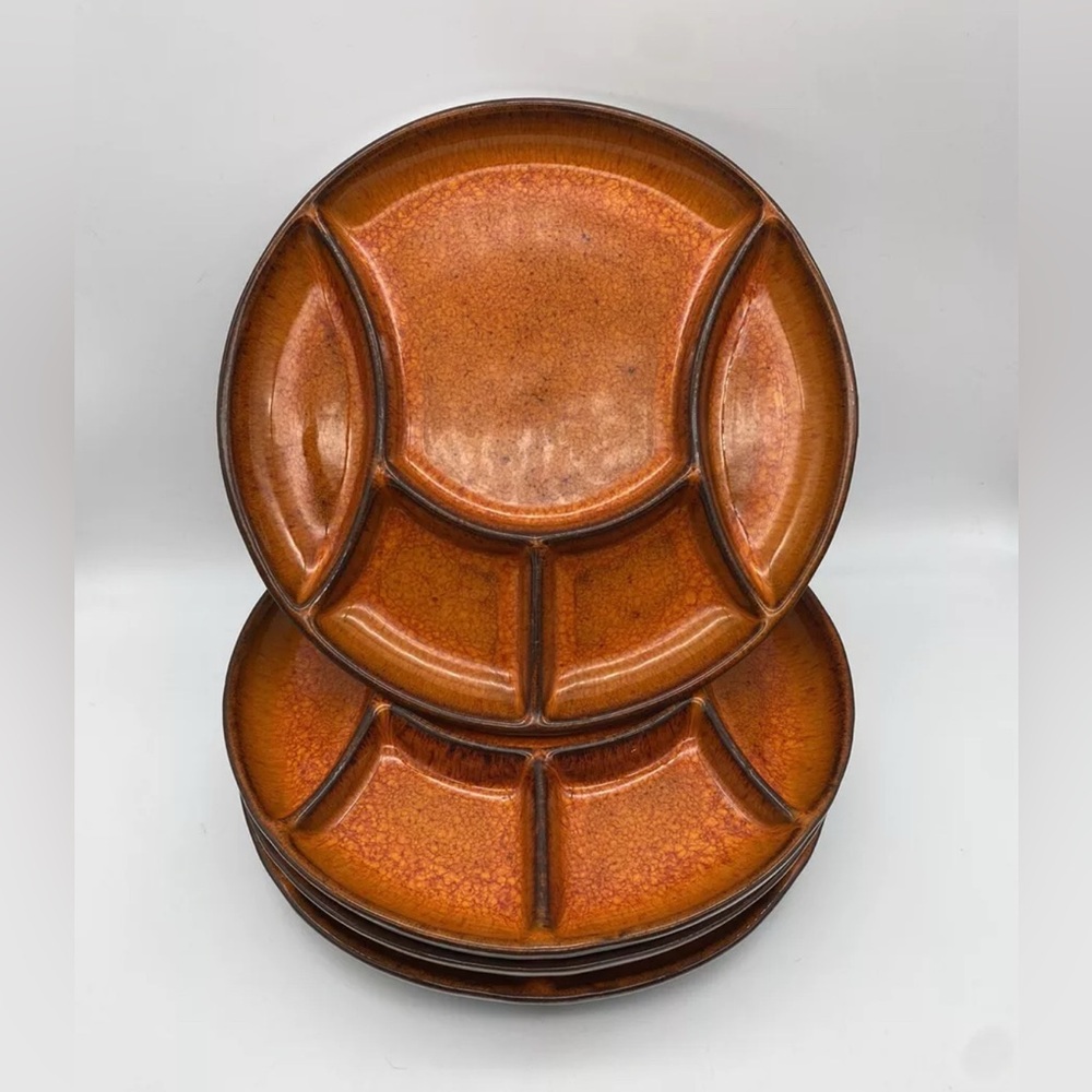 4 Vintage Mid Century Artceram Fondue Plates Burnt Orange ‘Just’ Made In Canada
